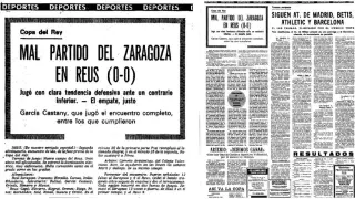 Detalle de la ficha del partido Reus-Real Zaragoza de 1977, y la página completa donde HERALDO DE ARAGÓN informó de aquel choque de ida de la eliminatoria de Copa.