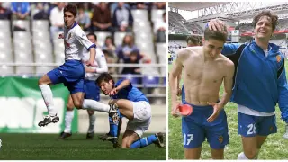 A la izquierda, Cani marca el 0-1 en el Carlos Tartiere en marzo de 2003 (el defensa del Oviedo es Paredes). A la derecha, el joven Cani es felicitado por Espadas a la conclusión de aquel recordado partido.