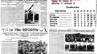 Recortes de las páginas de HERALDO DE ARAGÓN que informaron en 1936 del primer ascenso del Real Zaragoza a Primera División tras ganar al Gerona en Torrero por 5-0.