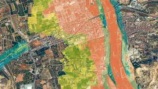 Mapa de las áreas inundables. En color azul la Zona de policía, en color verde la Zona de Inundación y en color naranja la Zona de flujo preferente.
