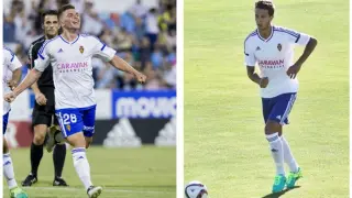 Raúl Guti (izda.), celebra el gol que anotó con el primer equipo hace un mes en el último partido de liga jugado en La Romareda ante el Tenerife. Jorge Guti (dcha.), en uno de los partidos del RZD Aragón en la reciente temporada.