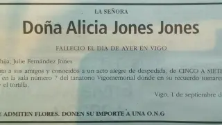 La hija de Alicia publicó este viernes la esquela en el 'Faro de Vigo'.