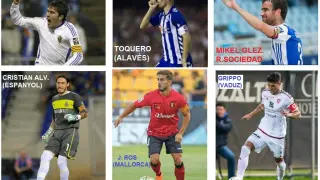 Los seis futbolistas del Real Zaragoza que han sido capitanes en sus respectivos equipos antes de la actual etapa que los reúne en el vestuario de La Romareda. En cada imagen, portan el brazalete.