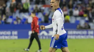 Jorge Pombo grita con sentimiento al final del partido del sábado ante el Rayo Vallecano, nada más consumarse el importante triunfo por 3-2 gracias a su gol ganador.