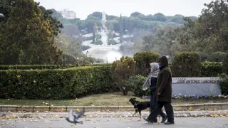 Una pareja pasea a su perro en el parque Grande José Antonio Labordeta.