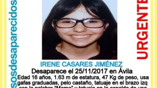 Fotografía de Irene, la joven de 16 años desaparecida desde noviembre.