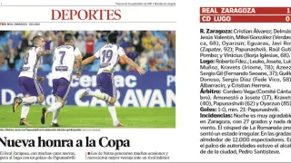 Detalles de la crónica de HERALDO DE ARAGÓN del partido Real Zaragoza-Lugo de Copa jugado esta misma temporada, en septiembre.