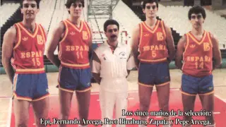 Epi, Fernando Arcega, Paco Binaburo, Zapata y Pepe Arcega. En el Europeo del 87, en Atenas, coincidieron los cuatro jugadores aragoneses y Binaburo, también zaragozano, que trabajó como fisioterapeuta.