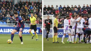 Dos momentos del partido Huesca-Numancia (2-1) que dirigió Santiago Varón Aceitón en El Alcoraz el pasado 14 de enero.