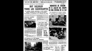Portada de HERALDO DE ARAGÓN del 28 de febrero de 1986 narrando el asalto de los Grapo a una oficina de la CAI