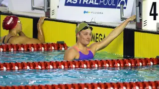 La nadadora Mireia Belmonte tras participar en la prueba de 200 metros mariposa.