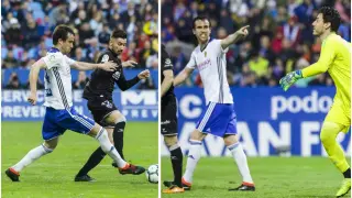 Dos momentos de Mikel González ante el Huesca. Al corte ante Vadillo y ordenando la defensa tras una parada de Cristian Álvarez.