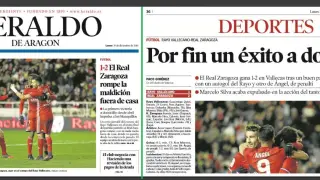 Priméra página y crónica de HERALDO DE ARAGÓN del Rayo Vallecano-Real Zaragoza de la temporada pasada en Madrid, que ganaron los aragoneses por 1-2.