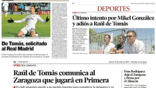 Varias informaciones de HERALDO DE ARAGÓN sobre el interés del Real Zaragoza por De Tomás, tanto del pasado verano (2017) como del de 2014.