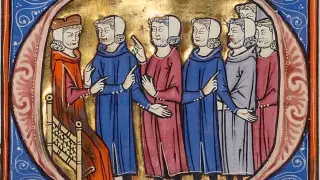 Miniatura 'Seis hombres frente al juez' del 'Vidal Mayor', valioso manuscrito de recopilación de los Fueros, redactado entre 1247 y 1252. the paul getty trust