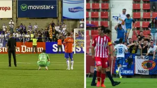 A la izquierda, los jugadores del Real Zaragoza tras la catástrofe del 6-2 de Palamós ante el Llagostera hace dos años. A la derecha, la euforia tras la remontada histórica en Gerona en la promoción de 2015. Dos de los raros episodios vividos en Cataluña en el último lustro.