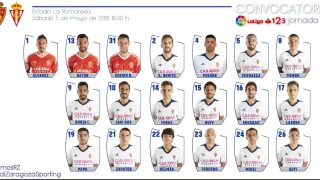 Lista de 19 convocados del Real Zaragoza para jugar este sábado ante el Sporting de Gijón en La Romareda.