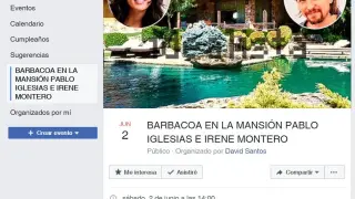 Una imagen del evento creado en Facebook que convoca una barbacoa en la mansión de Pablo Iglesias e Irene Montero.