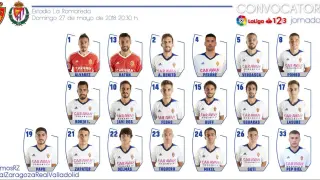 Lista de 19 convocados del Real Zaragoza para el partido ante el Valladolid.