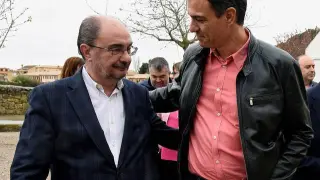Javier Lambán y Pedro Sánchez en una reciente visita del secretario general del PSOE a Aragón.
