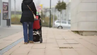 Imagen de archivo de una zaragozana paseando a su hijo.