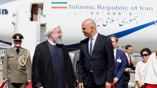 El presidente de Irán, Hasan Rohaní, junto a su homólogo suizo, Alain Berset.