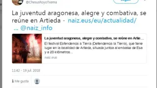 Tuit emitido hace apenas unos días por el activista Txema Royo (que ha sido expulsado del partido) en su cuenta de Twitter.