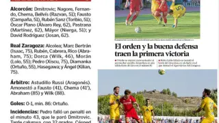 Ficha del partido Real Zaragoza-Alcorcón de hace 3 años en Calatayud, portada de la crónica de HERALDO DE ARAGÓN y fotografía del duelo, con el japonés Aria Hasegawa en pugna por un balón aéreo.