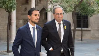 Damià Calvet y Quim Torra este miércoles a su llegada al Palau de la Generalitat