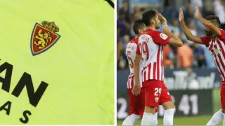 Detalle de la nueva camiseta especial del Real Zaragoza, amarilla, para jugar en Almería; al lado, el uniforme del rival almeriense que, según la LFP, impide jugar a los aragoneses con cualquiera de sus dos equipajes oficiales.
