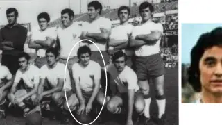 Alineación del Deportivo Aragón en La Romareda en 1971, con Moles señalado en blanco. A la derecha, el delantero del Real Zaragoza.