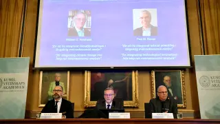 Momento en el que la Academia sueca ha anunciado el nombre de los ganadores del Nobel de Economía.