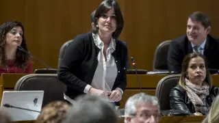 La coordinadora de la ponencia de la ley, Elena Allué, en un pleno de las Cortes de Aragón.
