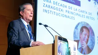 El presidente de la Fundación para una Cultura de Paz, Federico Mayor Zaragoza, durante su intervención en el seminario.
