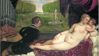 El cuadro 'Venus recreándose con el Amor y la Música', de Tiziano, está en el Museo del Prado.