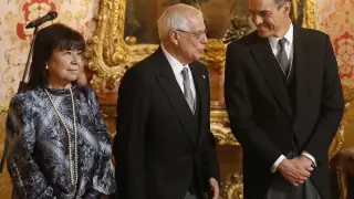 Pedro Sánchez, junto a Josep Borrell y Cristina Narbona, este martes en la tradicional recepción anual ofrecida por los Reyes al Cuerpo Diplomático acreditado en España