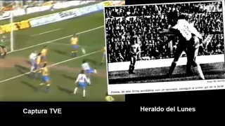 A la izda., la captura de las imágenes de Televisión Española que recogieron el golazo de Pineda, de espuela, en marzo de 1986. A la dcha., la fotografía con el instante del golpeo del balón que publicó HERALDO el día siguiente del partido, destacando su 