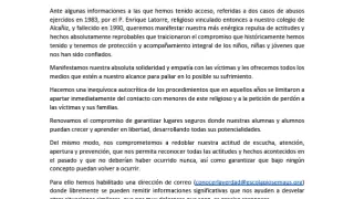 El comunicado emitido por las Escuelas Pías de Alcañiz