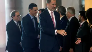 Felipe VI, Pedro Sánchez y Quim Torra durante la inauguración del Mobile World Congress.