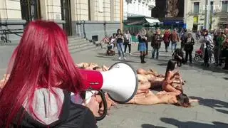 Desnudos, rociados con sangre artificial y amontonados es la forma que ha elegido AnimaNaturalis para protestar contra el uso de pieles de animales.