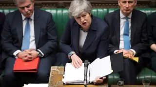Britain's Prime Minister Theresa May speaks in Parliament ahead of a Brexit vote, in London, Britain, March 13, 2019. UK Parliament/Jessica Taylor/Handout via REUTERS ATTENTION EDITORS - THIS IMAGE HAS BEEN SUPPLIED BY A THIRD PARTY. [[[REUTERS VOCENTO]]] BRITAIN-EU/