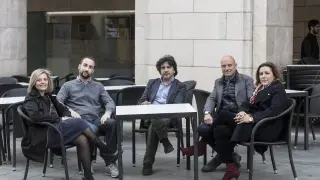 Los candidatos por Huesca. De izquierda a derecha, Begoña Nasarre (PSOE), Daniel Fernández (Unidas Podemos), Mario Garcés (PP), Pablo Ciprés (Vox) y Lourdes Guillén (Ciudadanos).