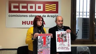 Conchi Giménez y Daniel Alastuey, secretaria general de CC.OO. Huesca y secretario general de UGT Aragón