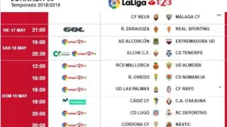 Horarios de la jornada 39ª, con el Real Zaragoza-Sporting de Gijón en viernes por la noche.