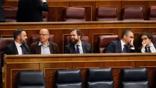 El líder de Vox, Santiago Abascal, junto a los diputados de su partido en el Congreso de los Diputados.