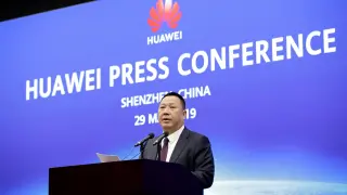 El director legal de Huawei, Song Liuping, en una conferencia de prensa.