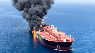 An oil tanker is seen after it was attacked at the Gulf of Oman, in waters between Gulf Arab states and Iran, June 13, 2019. ISNA/Handout via REUTERS ATTENTION EDITORS - THIS IMAGE WAS PROVIDED BY A THIRD PARTY. NO RESALES. NO ARCHIVES [[[REUTERS VOCENTO]]] MIDEAST-TANKER/
