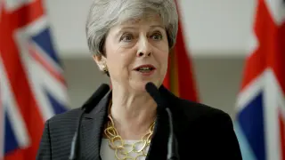 Britain's Prime Minister Theresa May delivers a speech at headquarters of Joint Forces Command in Northwood, London, Britain July 8, 2019. Matt Dunham/Pool via REUTERS [[[REUTERS VOCENTO]]] BRITAIN-EU/