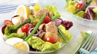 Salad Nicoise arranged on a table
