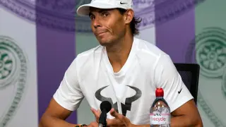 Tennis - Wimbledon - All England Lawn Tennis and Croquet Club, London, Britain - July 12, 2019  Spain's Rafael Nadal during a press conference after his semi-final match  Adam Warner/Pool via REUTERS [[[REUTERS VOCENTO]]] TENNIS-WIMBLEDON/